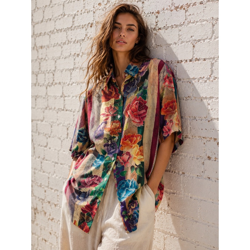 Vintage Express Multicolor Rayon Floral Stripe Button Down Oversized Shirt Small